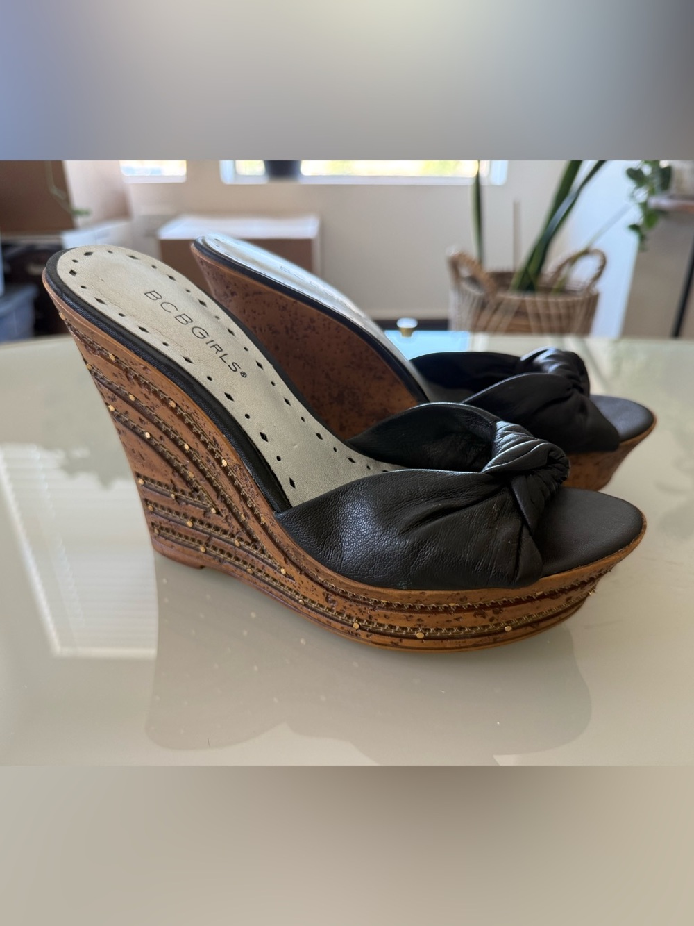 BCBGirls Black Leather Knot-Front Wedge Sandals